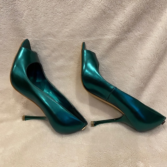 Guess Metallic Green Peep Open Toe Heels Pumps Jaane Holiday X-mas Size 7.5 - Picture 7 of 14